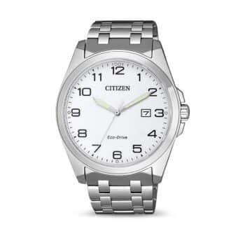 Citizen Classic Eco-Drive Herreur BM7108-81A –rustfrit stål med hvid skive, safirglas, tydelige arabiske tal og 100m vandtæthed.