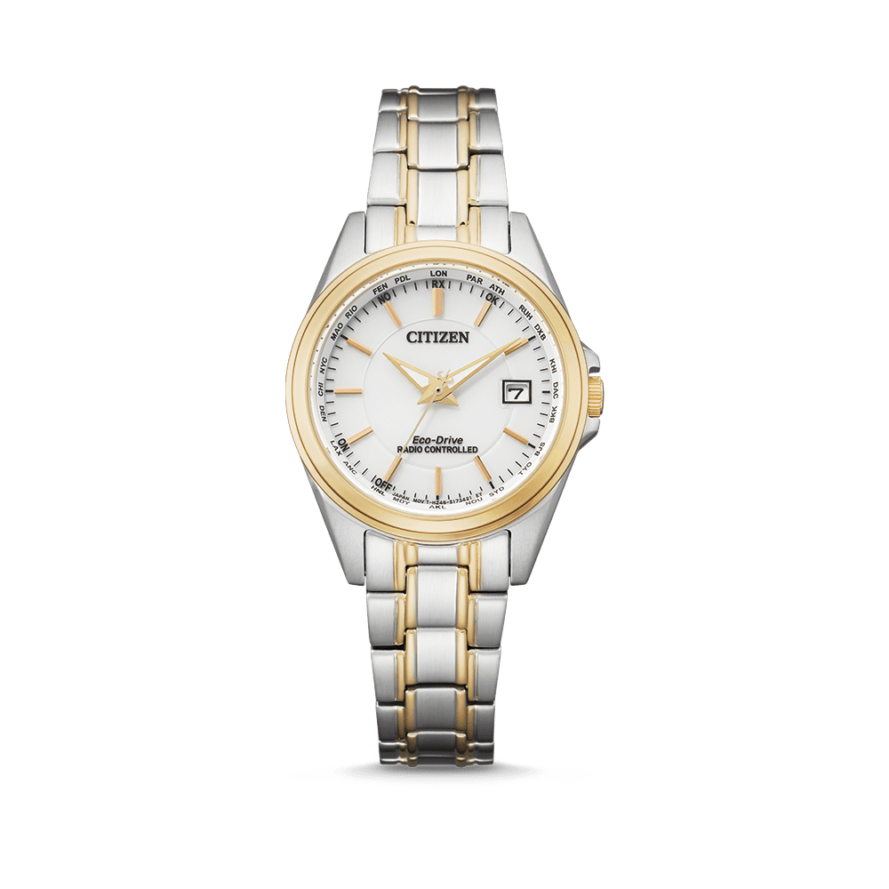 Citizen Ladies Radio Controlled dameur EC1186-85A - tofarvet dameur med Eco-Drive, radiostyret tidsstyring, safirglas og 100m vandtæthed.