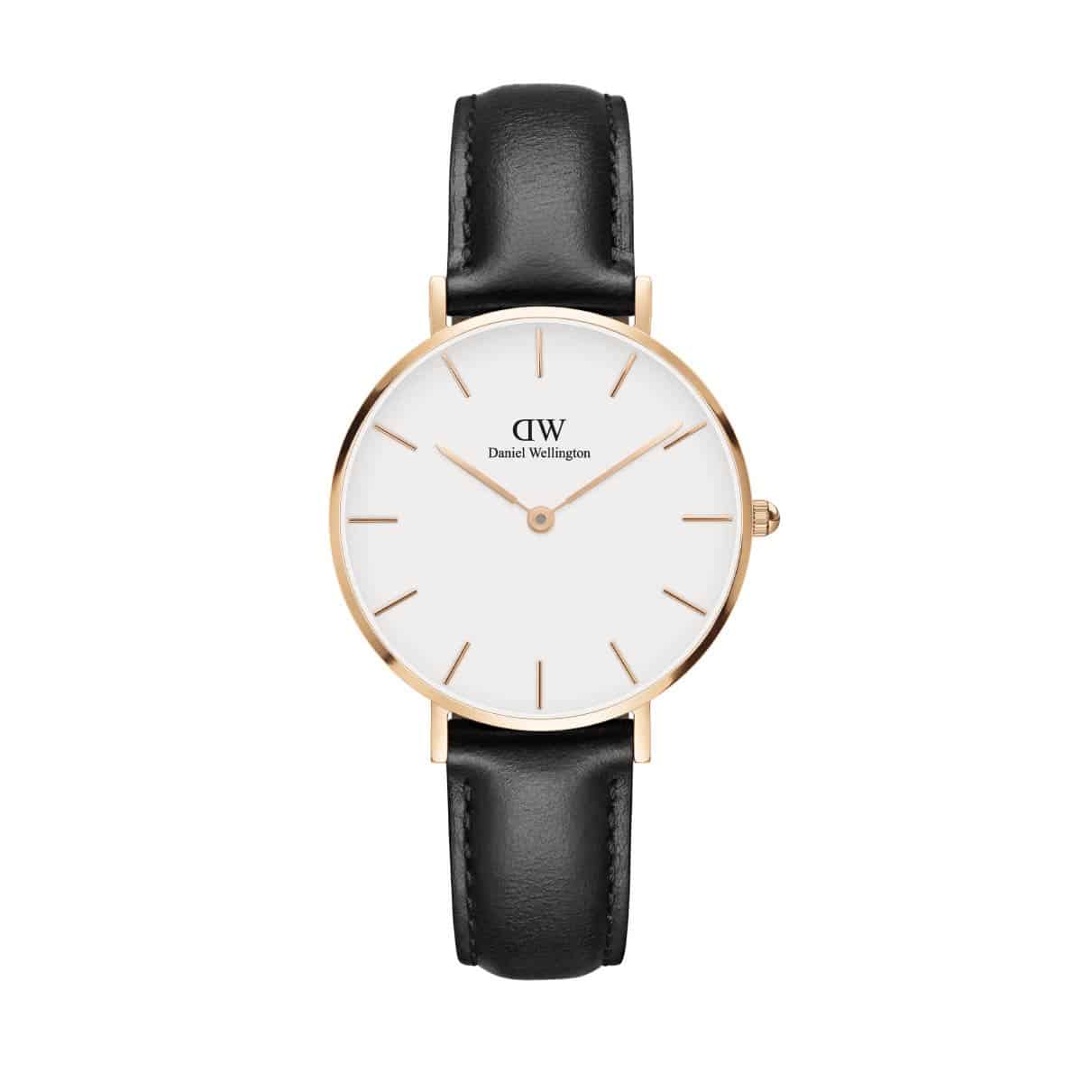 Smukt og klassisk Daniel Wellington Classic Petite Sheffield med sort skindrem og hvid urskive - DW00100174