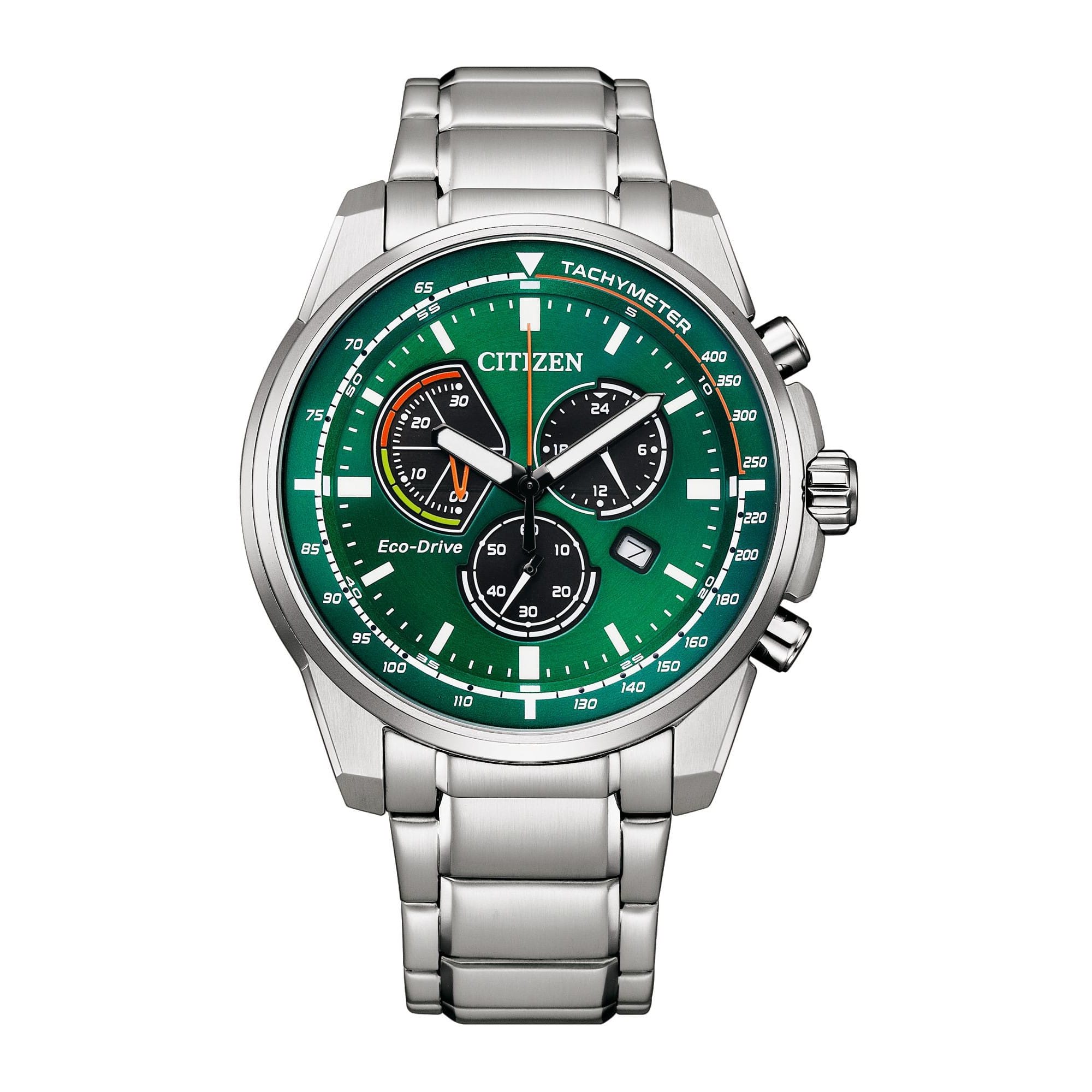 Citizen Chronograph Herreur AT1190-87X med mat stållænke, grøn urskive og Eco-Drive teknologi