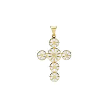 Lund Copenhagen Marguerit kors vedhæng forgyldt 24x19mm 906050-M - Klassisk kors med margueritter – et symbolsk smykke til hverdag og fest.