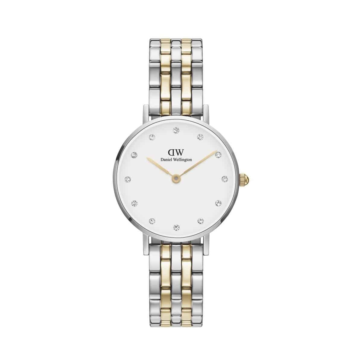 Daniel Wellington Petite Link Lumine-uret, som har en flot bicolor-lænke og en smuk hvid urskive med glitrende sten - DW00100616.