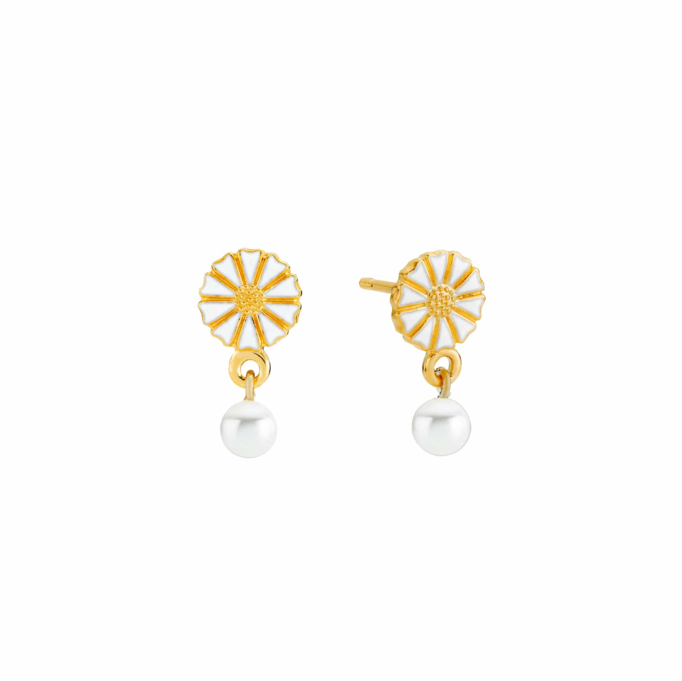 Lund Copenhagen Marguerit ørestikker 7,5mm med perle forgyldt 9095039-4-33-M Klassisk design med Marguerit og perle – ørestikker til både hverdag og fest.