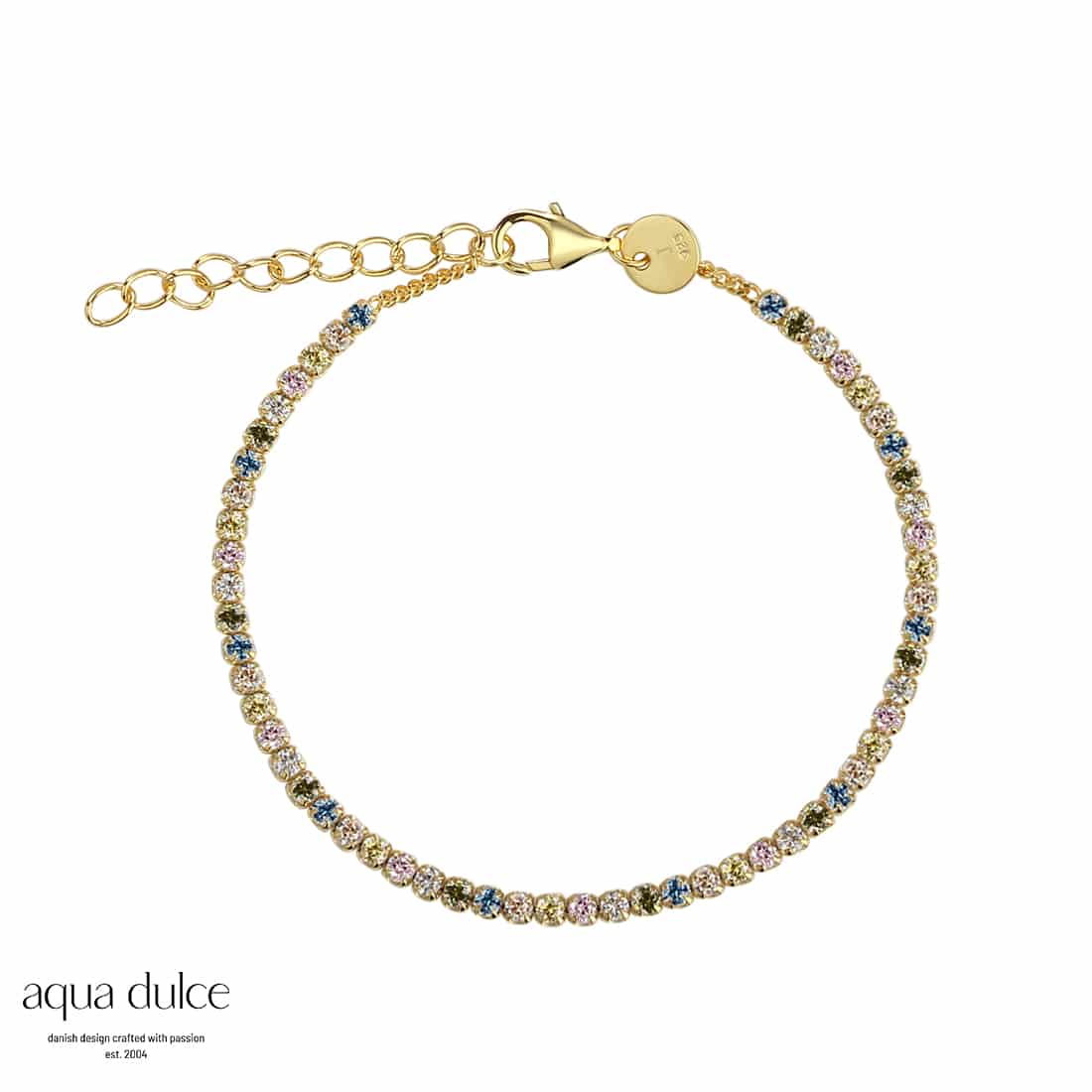 Aqua Dulce New Edel Armbånd 4639 Tennis armbånd i forgyldt sølv med et flot mix af pastelfarvede zirkoner.