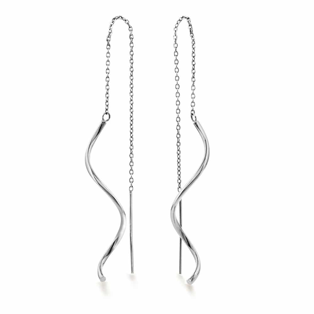14 karat hvidguld øretråde med bølge vedhæng – 12 cm lange og elegante