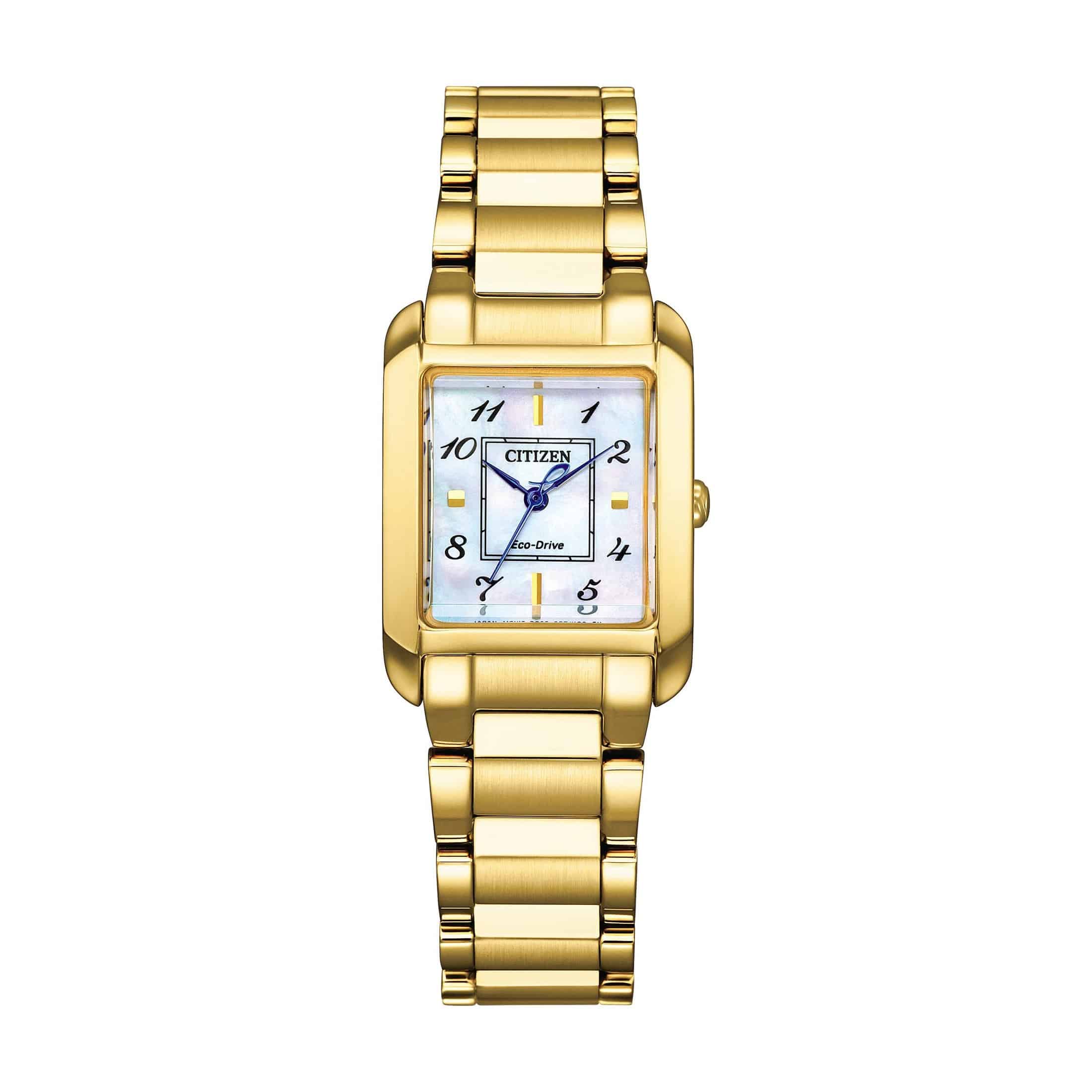 Citizen Ladies Eco-Drive dameur EW5602-81D - firkantet dameur i guldfarvet stål med perlemorsskive, 21×30mm kasse og 50m vandtæthed.