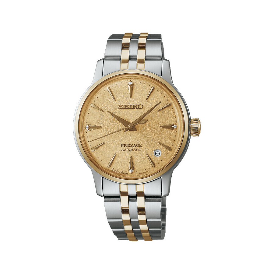 Seiko Presage Cocktail Time SRPL64J1 ur med gylden urskive, diamanter og stållænke