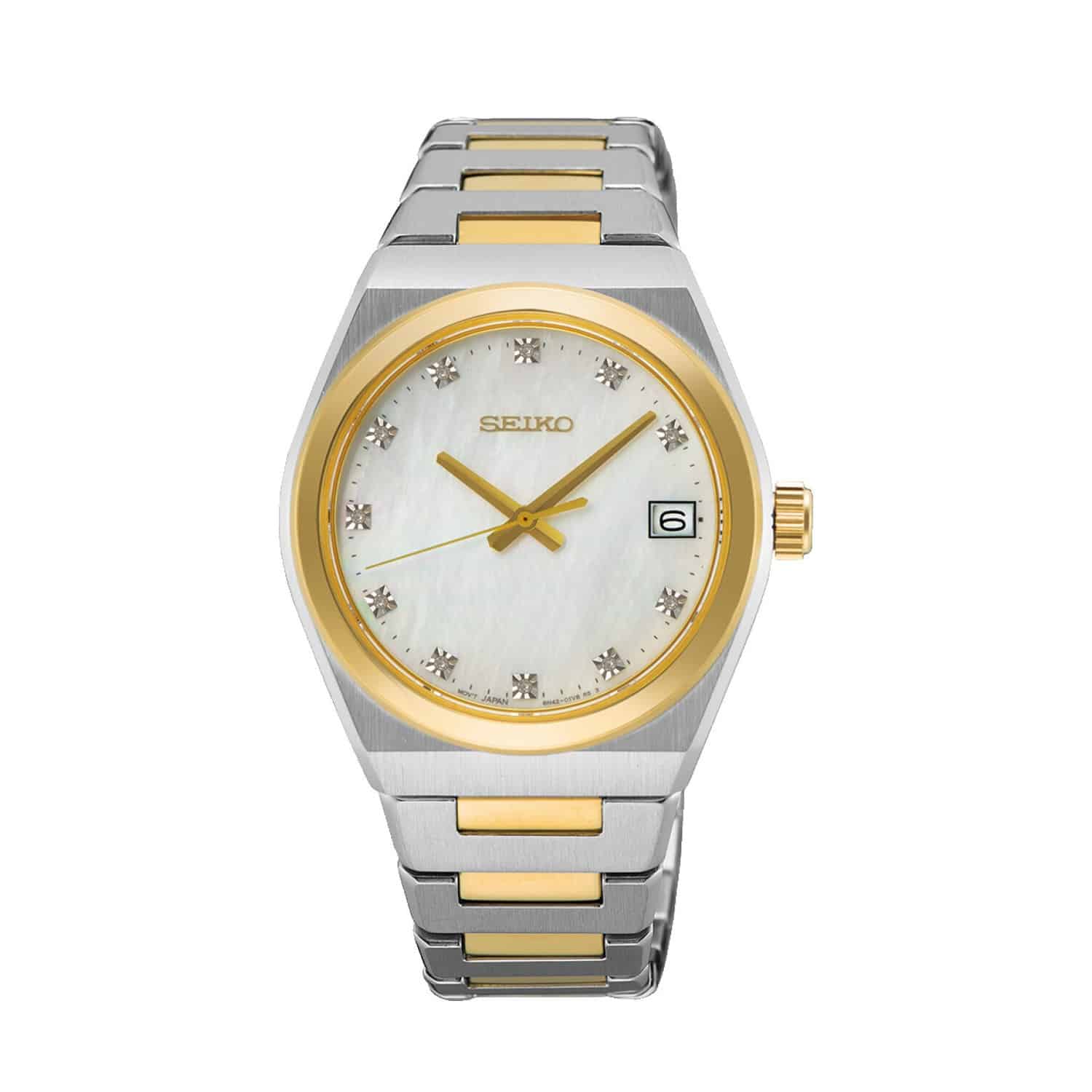 Seiko SUR604P1 dameur med hvid perlemorsskive og tofarvet stållænke