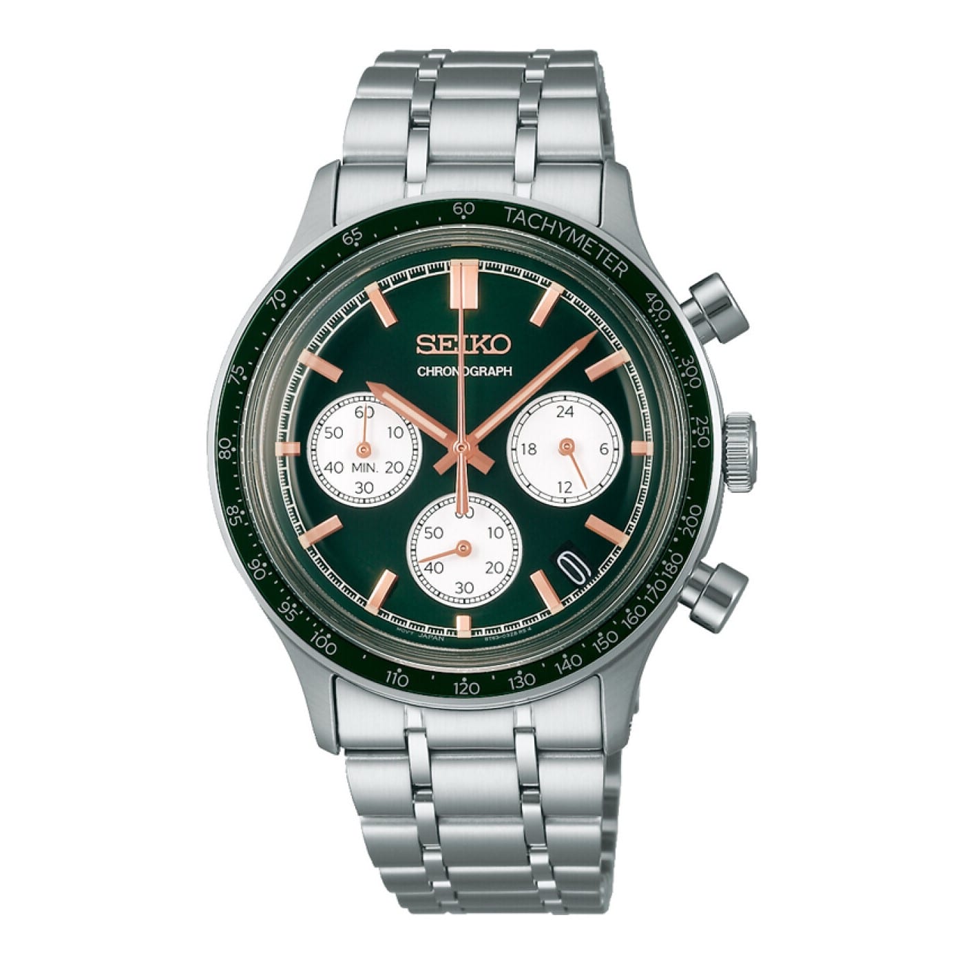 Seiko SSB481P1 sportskronograf med grøn urskive, Hardlex glas og stållænke
