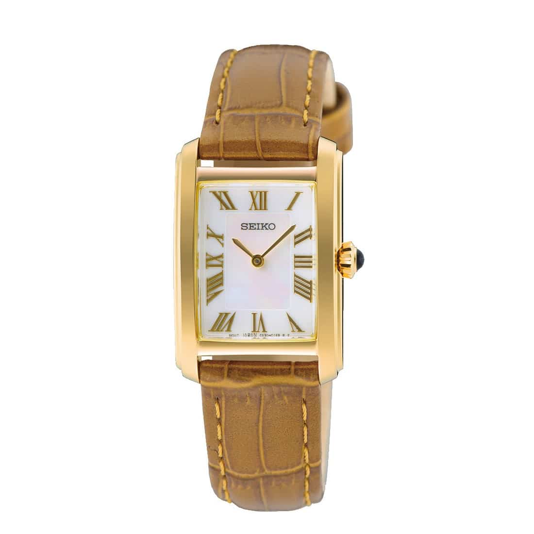 Seiko SWR100P1 dameur hvid perlemorsskive, romertal og lys brun læderrem