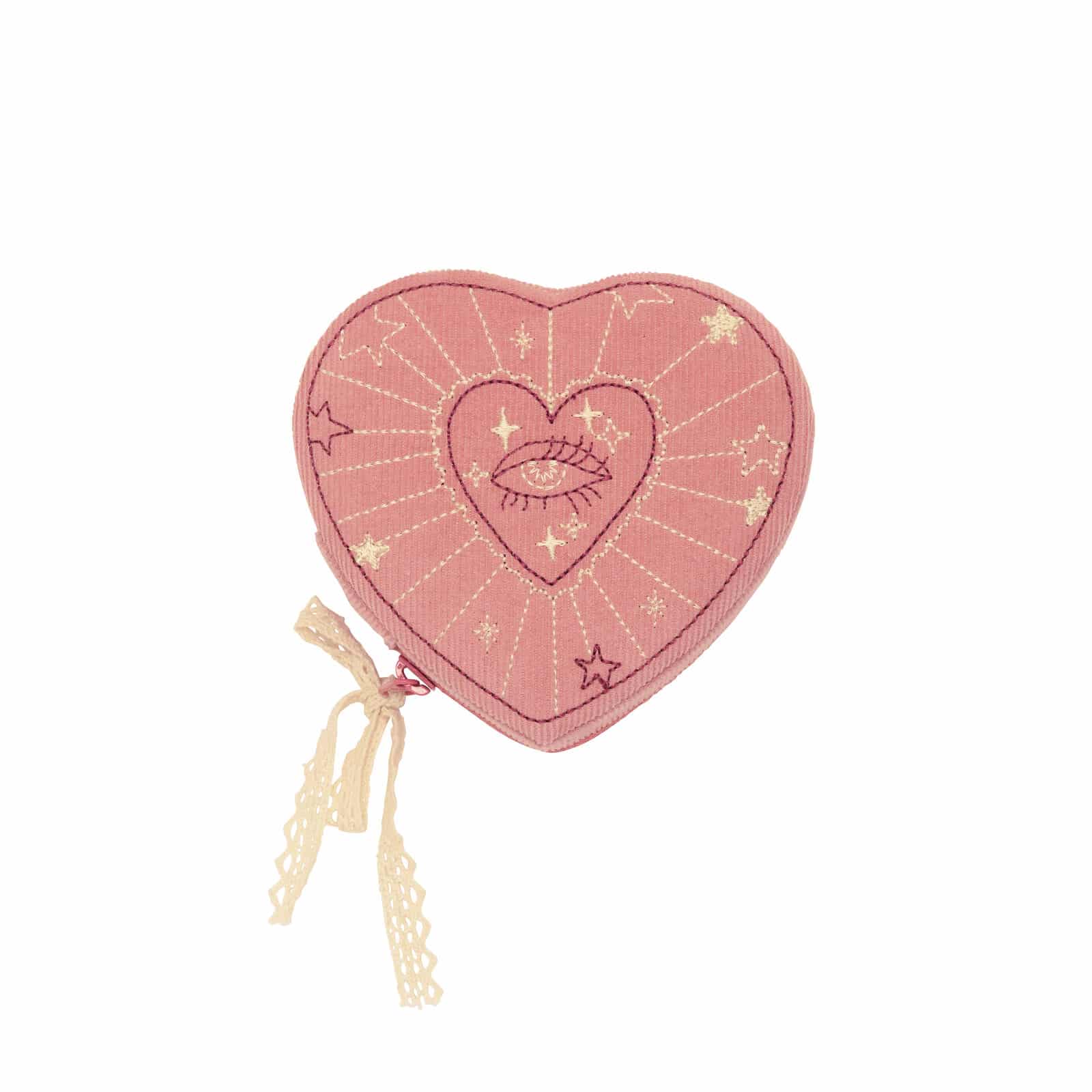Maanesten Heart Smykkeskrin Box Pink Theatre Magic 4109 - smykkeskrin i pink fløjl med hjerteform, broderede stjerner og øjemotiv.
