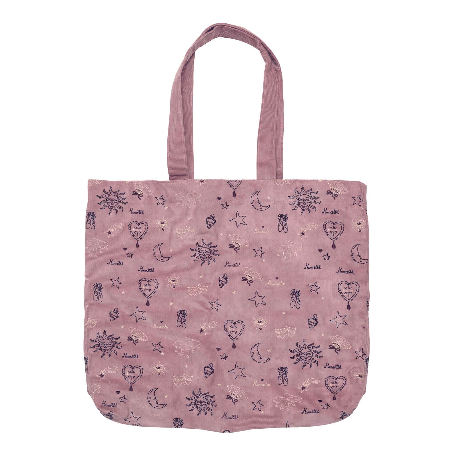 Maanesten Totebag Magic Corduroy Purple Theatre Magic 4102 - fløjls-tote med stjerner, hjerter og halvmåner. Ca. 44,5 × 41,5 × 7,5 cm.