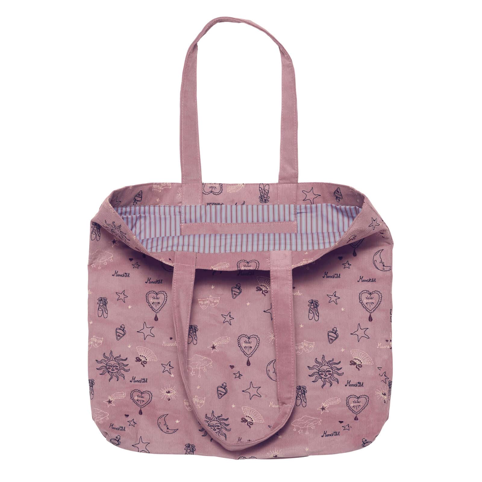 Maanesten Totebag Magic Corduroy Purple Theatre Magic 4102 - fløjls-tote med stjerner, hjerter og halvmåner. Ca. 44,5 × 41,5 × 7,5 cm.