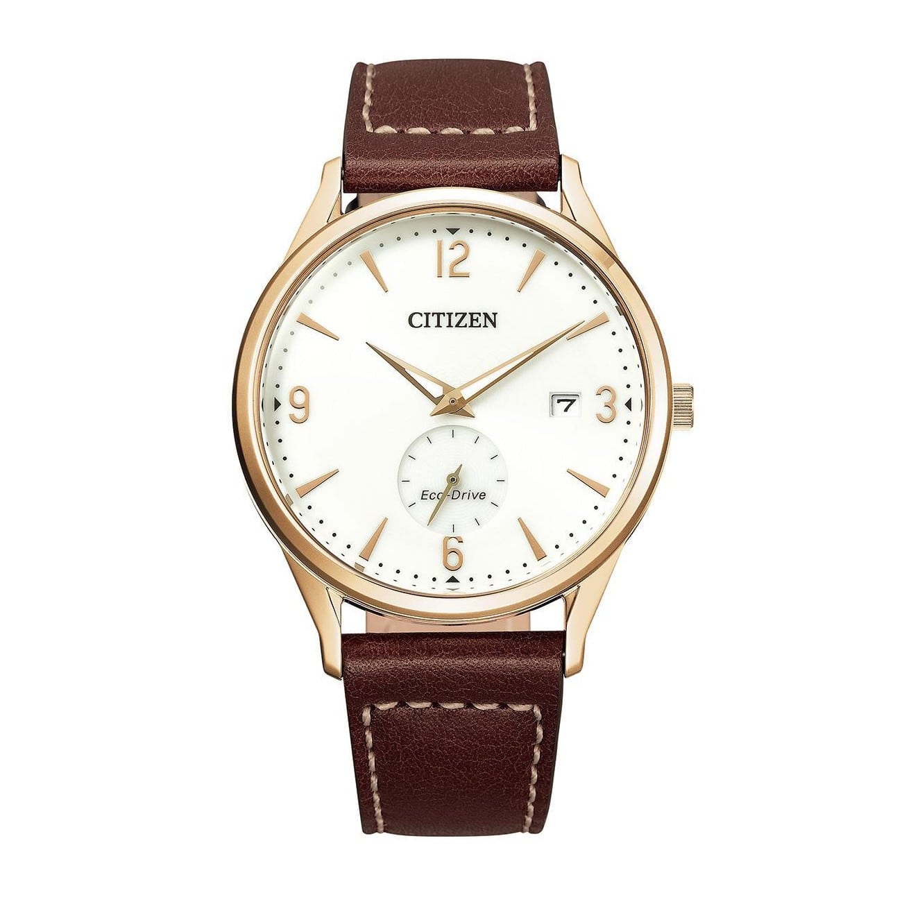 Citizen Classic Eco-Drive BV1116-12A – elegant rosaguldfarvet herreur med hvid skive, small seconds og 50m vandtæthed. Se det på guldsmedlange.dk.