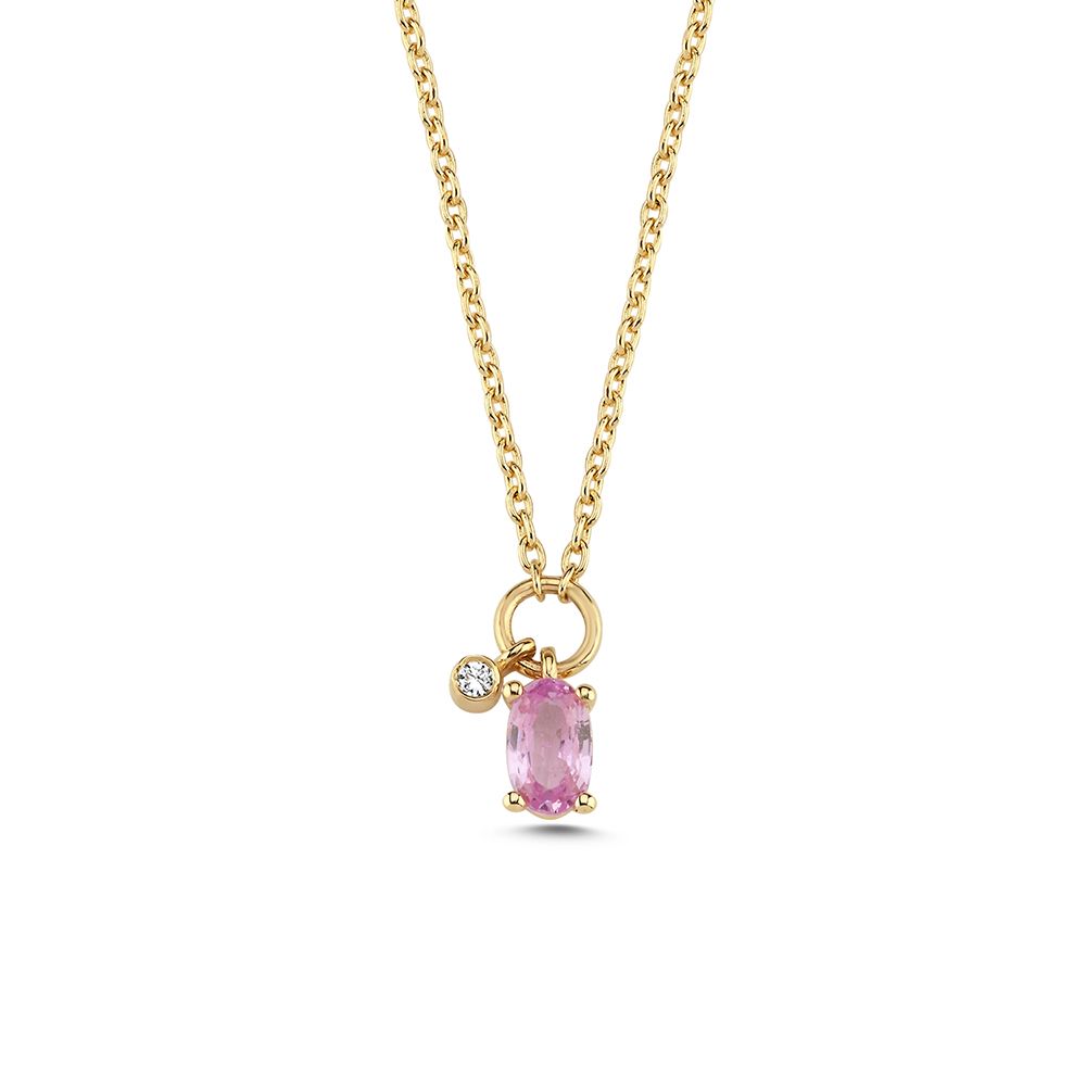 Nuran Gaia halskæde 14 karat V2570-LS-001RG med pink safir og 0,01 ct diamant. Justerbar kæde 42/45 cm. Enkel og feminin gaveidé.