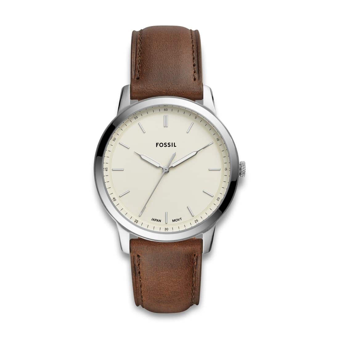 Fossil Minimalist FS5439 herreur med brun læderrem og beige urskive