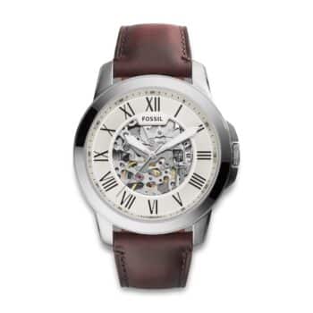Fossil Grant ME3099 automatic herreur med brun læderrem, beige urskive og åbent design med kig til urværket