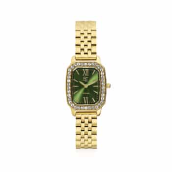 Sif Jakobs Luciana Ur SJ-W2743-CZ-YG - guldfarvet stål med grøn urskive og klare zirkonia. Elegant dameur 34x23 mm med justerbar lænke for perfekt pasform.