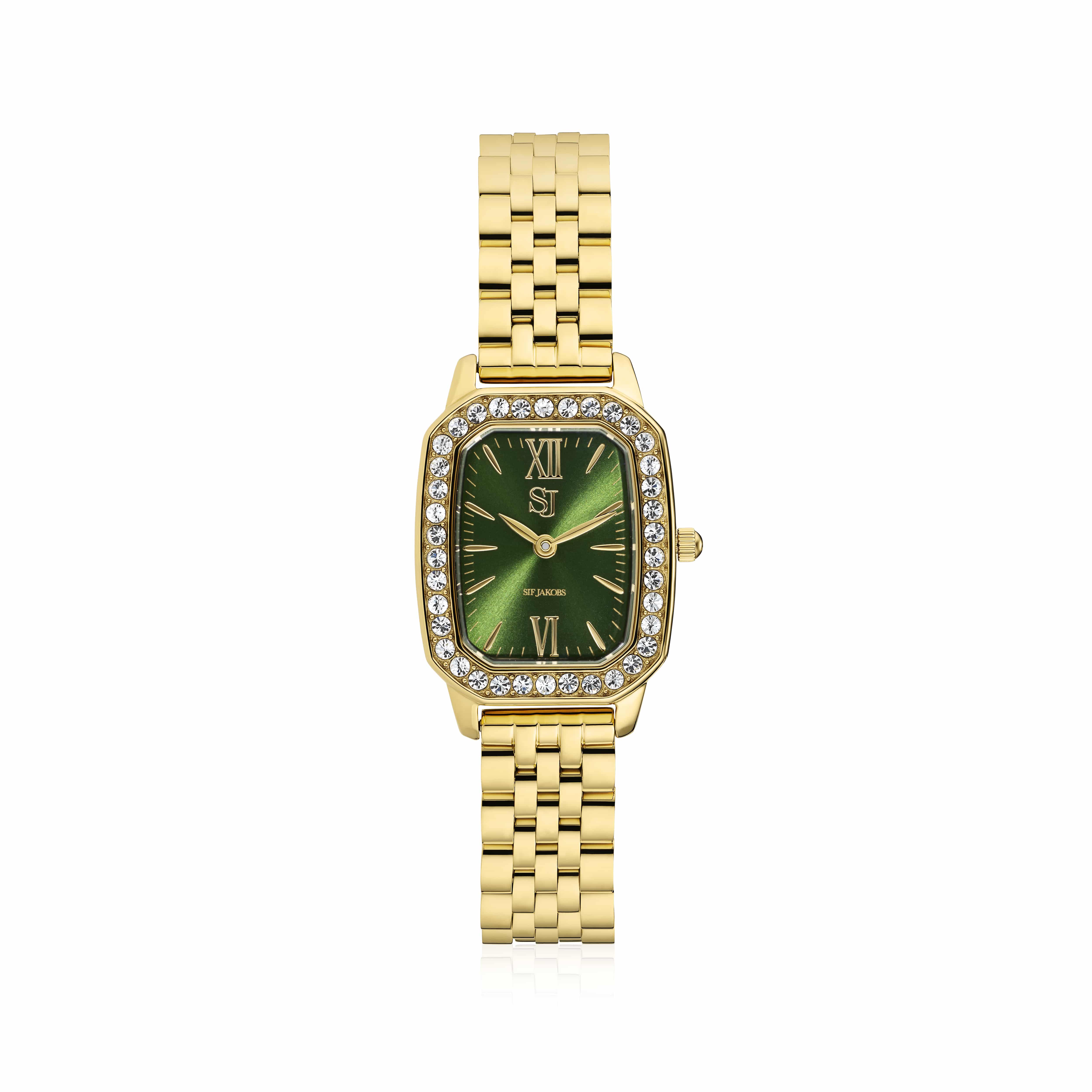 Sif Jakobs Luciana Ur SJ-W2743-CZ-YG - guldfarvet stål med grøn urskive og klare zirkonia. Elegant dameur 34x23 mm med justerbar lænke for perfekt pasform.