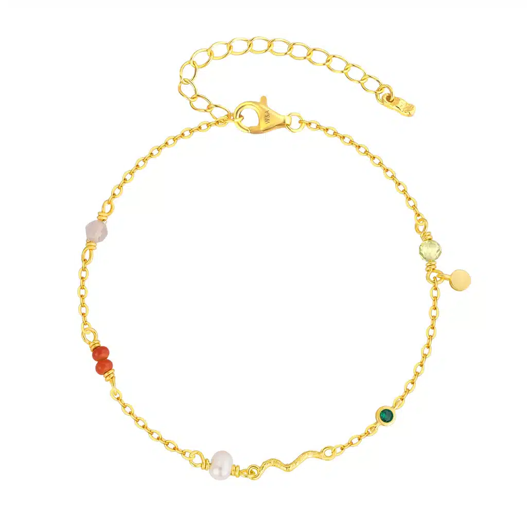 WiOGA Elfrida Armbånd Forgyldt Sølv B-10017-GP - elegant og farverigt armbånd, pyntet med koralperler, zirkonia, aventurin, rosa kvarts og ferskvandsperle.