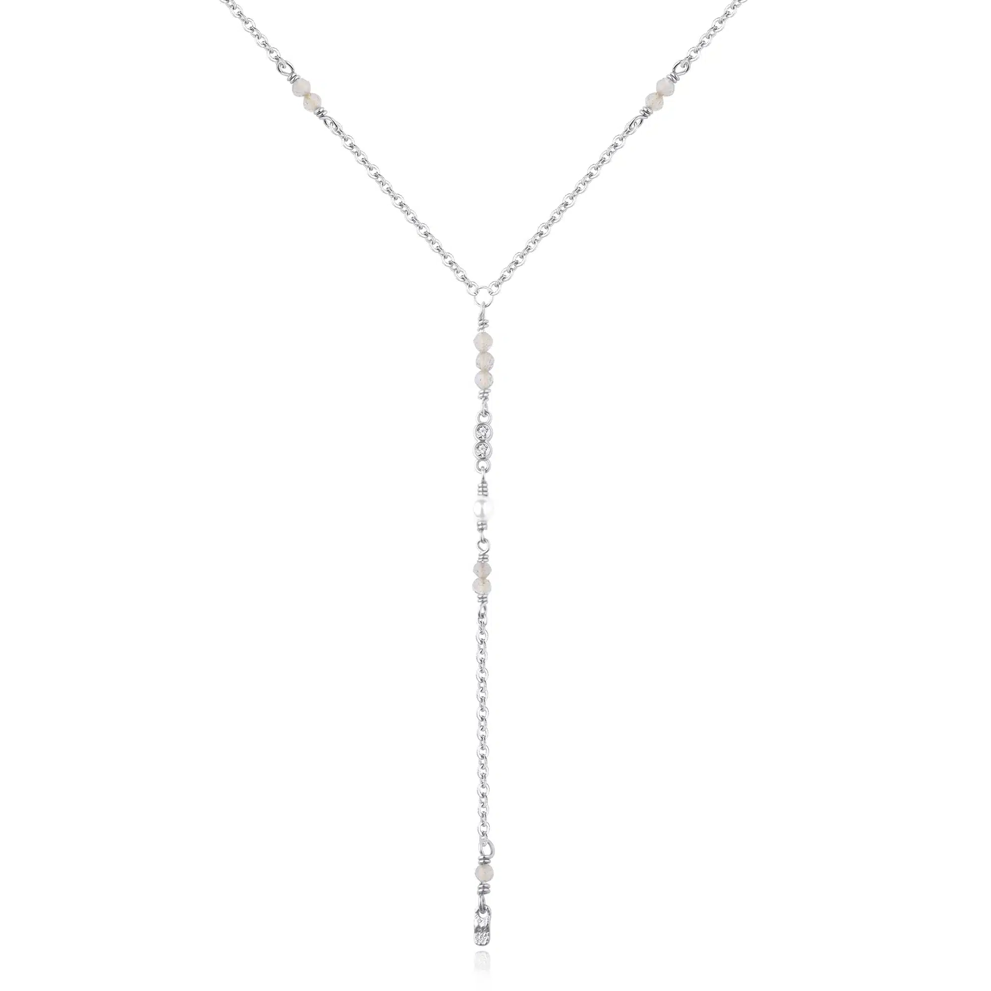 WiOGA Gesa Halskæde Sølv N-10020-S - elegant og feminin Y kæde i sterlingsølv med fine detaljer af månesten og små ferskvandsperler.