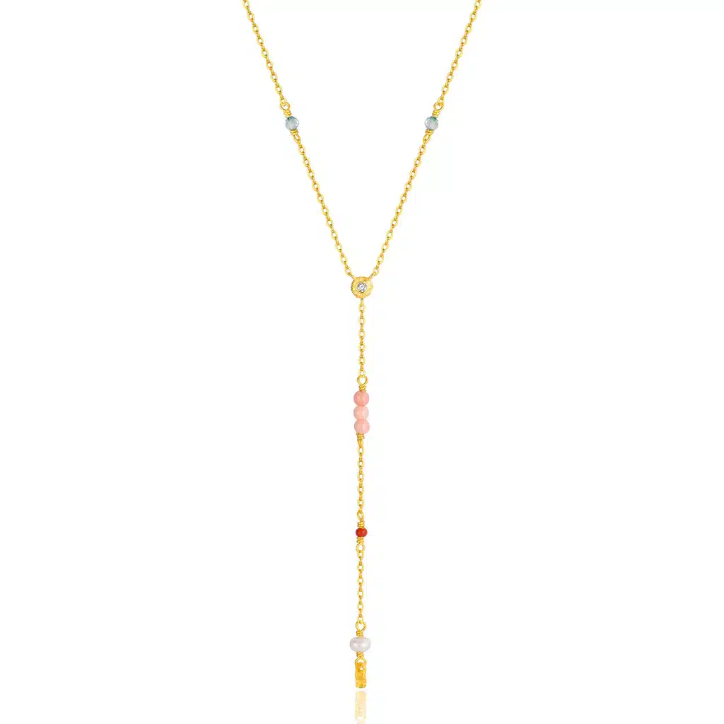 WiOGA Magdalene Halskæde Forgyldt Sølv N-10015-GP - elegant Y-halskæde, pyntet med koralperler, orange enamel, zirkonia og ferskvandsperler.