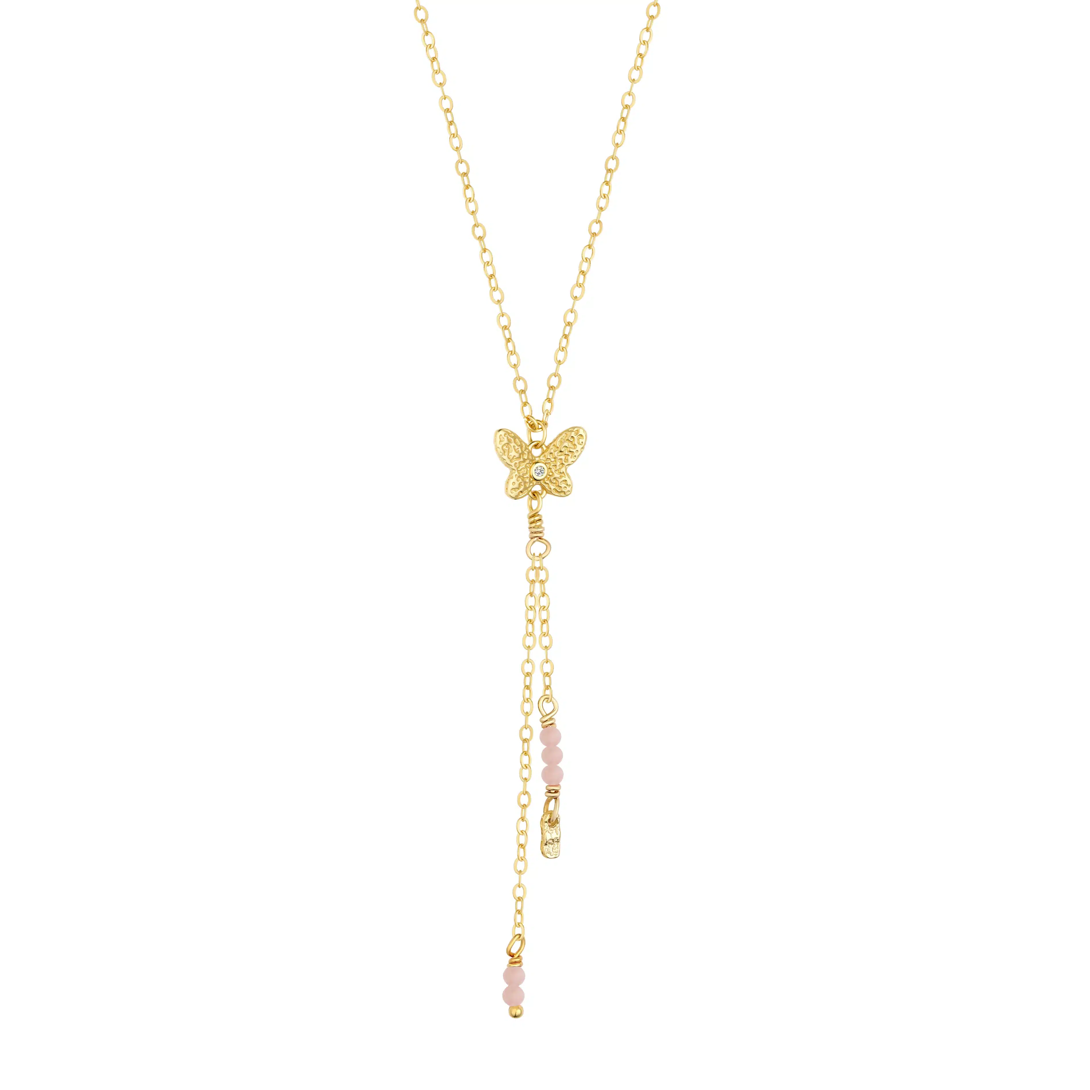 WiOGA Selena Halskæde Forgyldt N-9026-GP - Y halskæde med en fin sommerfugledetalje, zirkonia, smukke ferskvandsperler og blid rosa quartz.