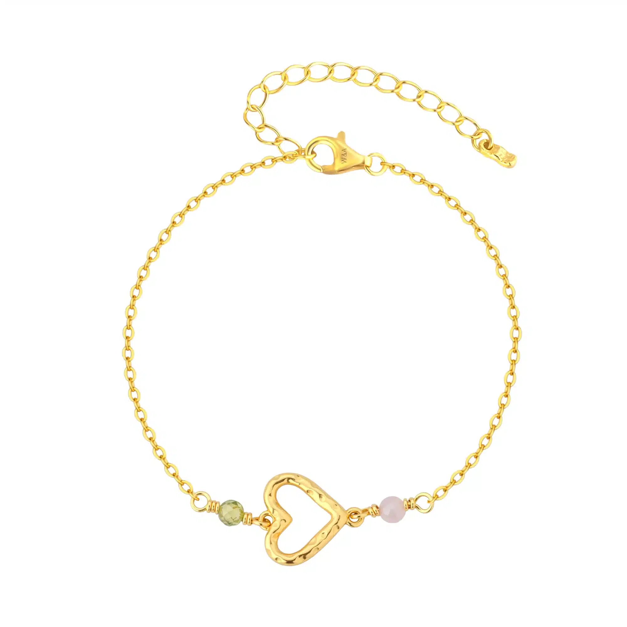 WiOGA Thilde Armbånd Forgyldt B-10024-GP elegant og tidløst armbånd, med et fint hamret hjertevedhæng samt halvædelstenene rosa kvarts og grøn aventurin.