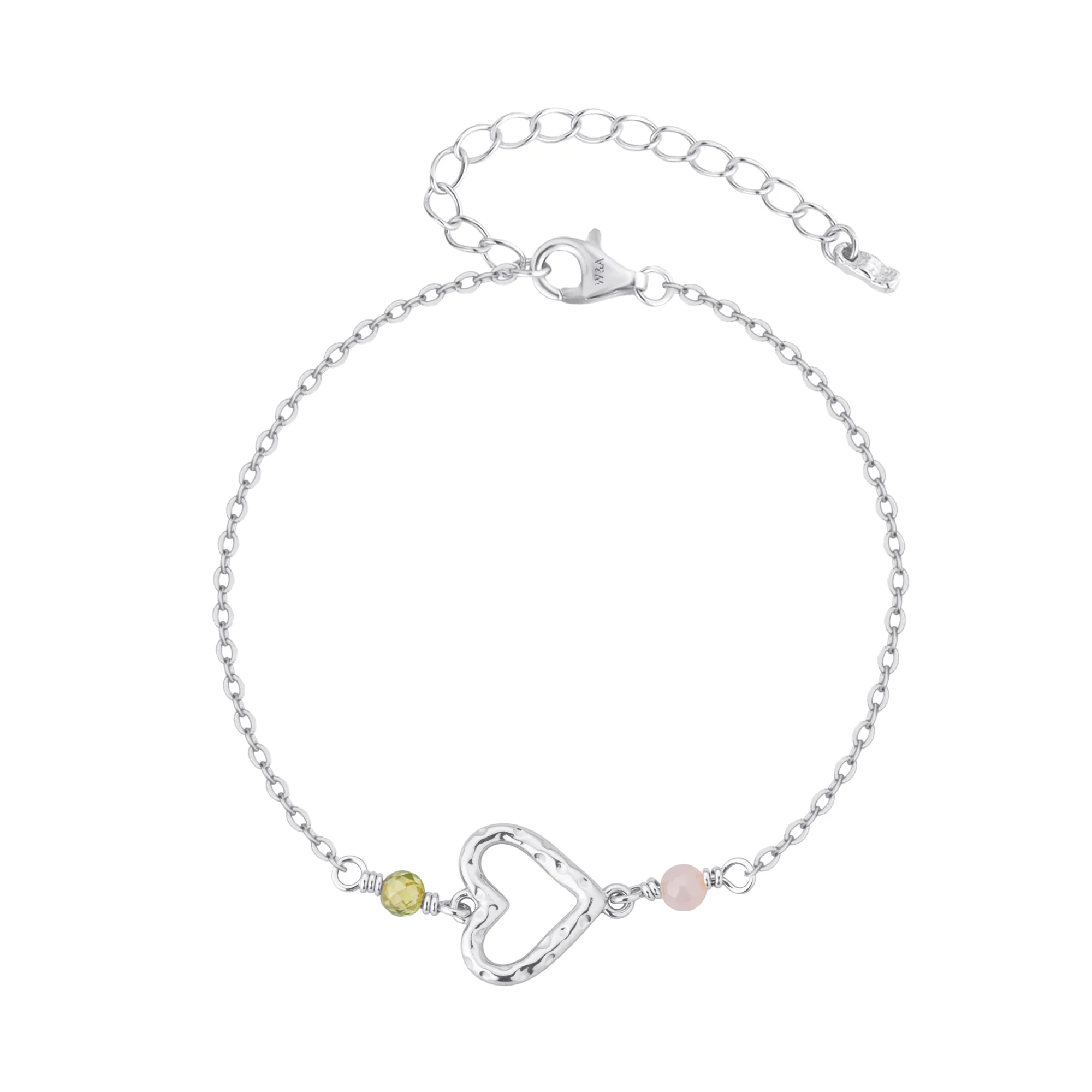 WiOGA Thilde Armbånd Sølv B-10024-S - et elegant og tidløst armbånd med et fint hamret hjertevedhæng samt halvædelstenene rosa kvarts og grøn aventurin.