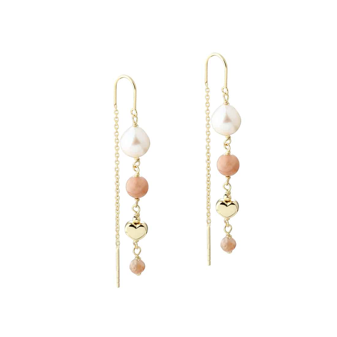 Aqua Dulce Karla Rose Øretråd Forgyldt 6436 - feminin og let ørering med et lille hjerte, ferskvandsperler og sunstone. Perfekt gaveidé