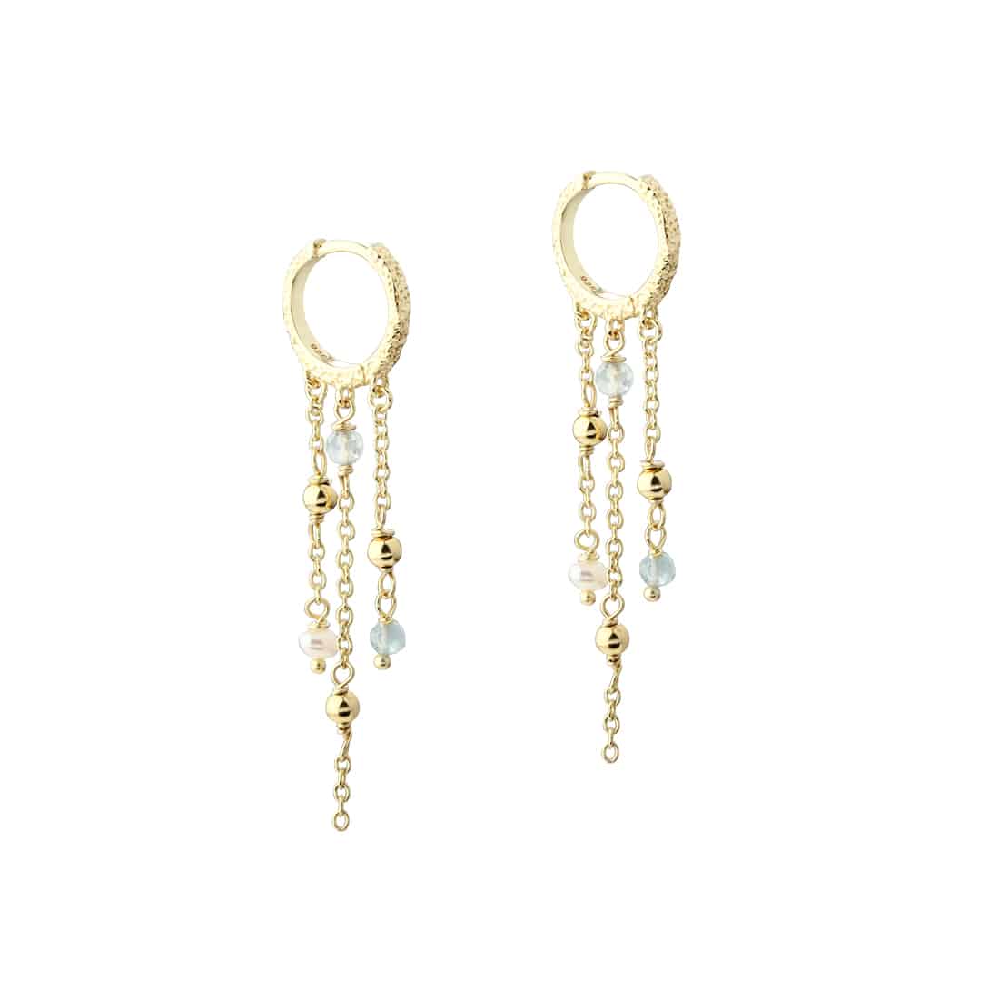 Aqua Dulce Lunella Sky Hoop Forgyldt 6689 - fine hoops med en nem click-lås og dekorative kæder med ferskvandsperler og aquamarine.