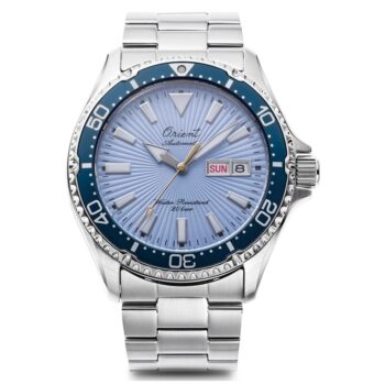 Orient Kamasu 75 Anniversary RA-AA0823L er et automatisk dykkerur i limited edition med sky blue urskive, safirglas og 20 ATM vandtæthed.