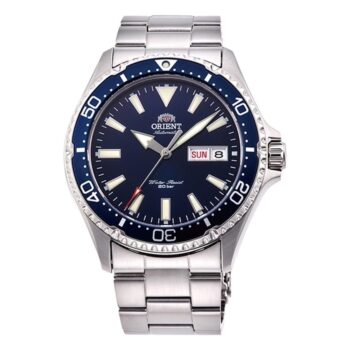 Orient Sports Kamasu Diver RA-AA0002L er et automatisk dykkerur med blå urskive, safirglas, stållænke og 20 ATM vandtæthed.