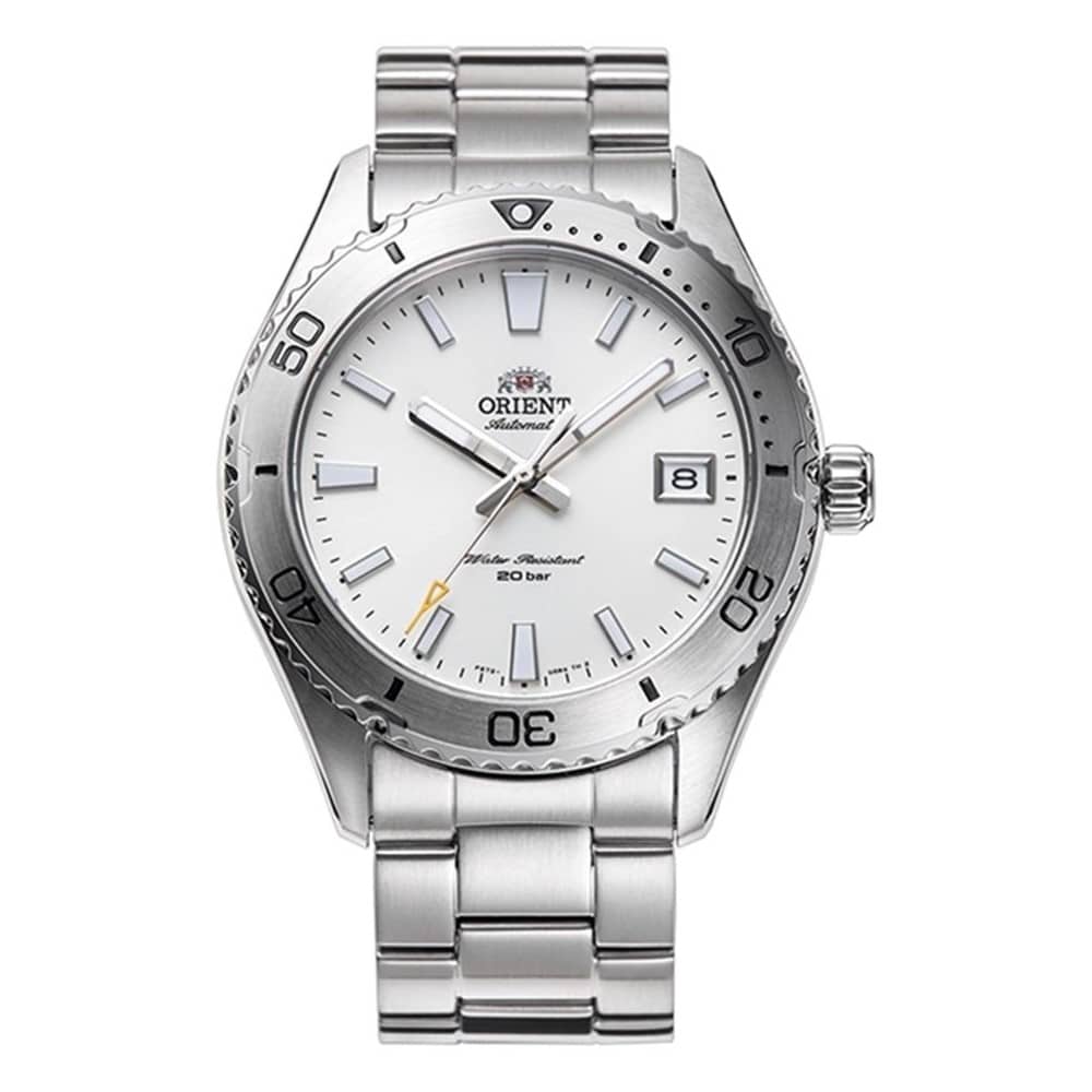 Orient Mako Diver RA-AC0Q03S er et automatic dykkerur med hvid urskive, safirglas, stållænke og 20 ATM vandtæthed.