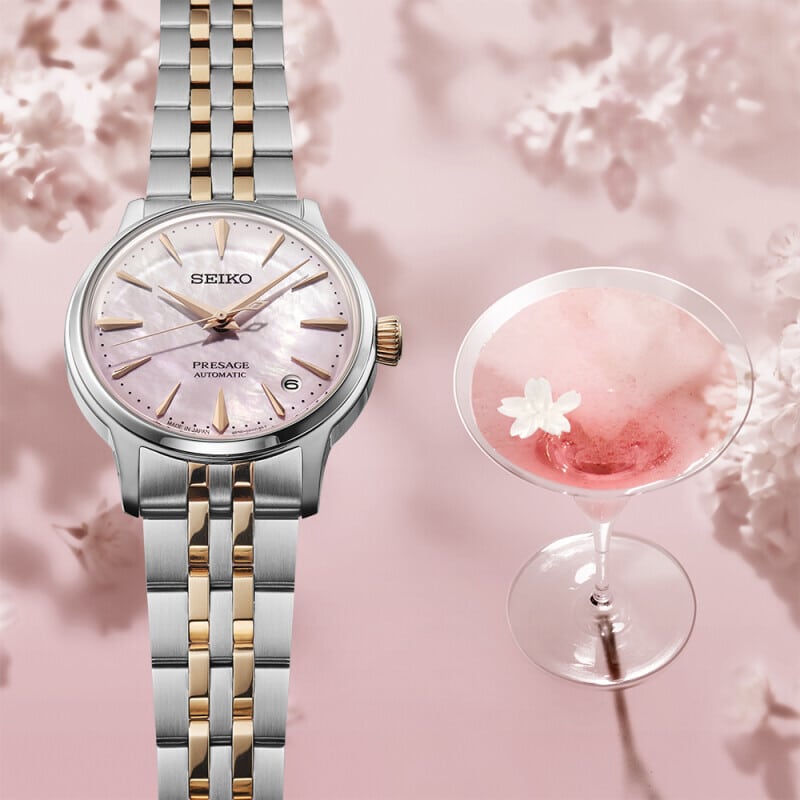 Seiko Presage Springtime Cocktail Time Limited Edition SRPM06J1 - dameur med perlemorsskive og two-tone lænke. Nr. 1285/9000 hos Guldsmed Lange.