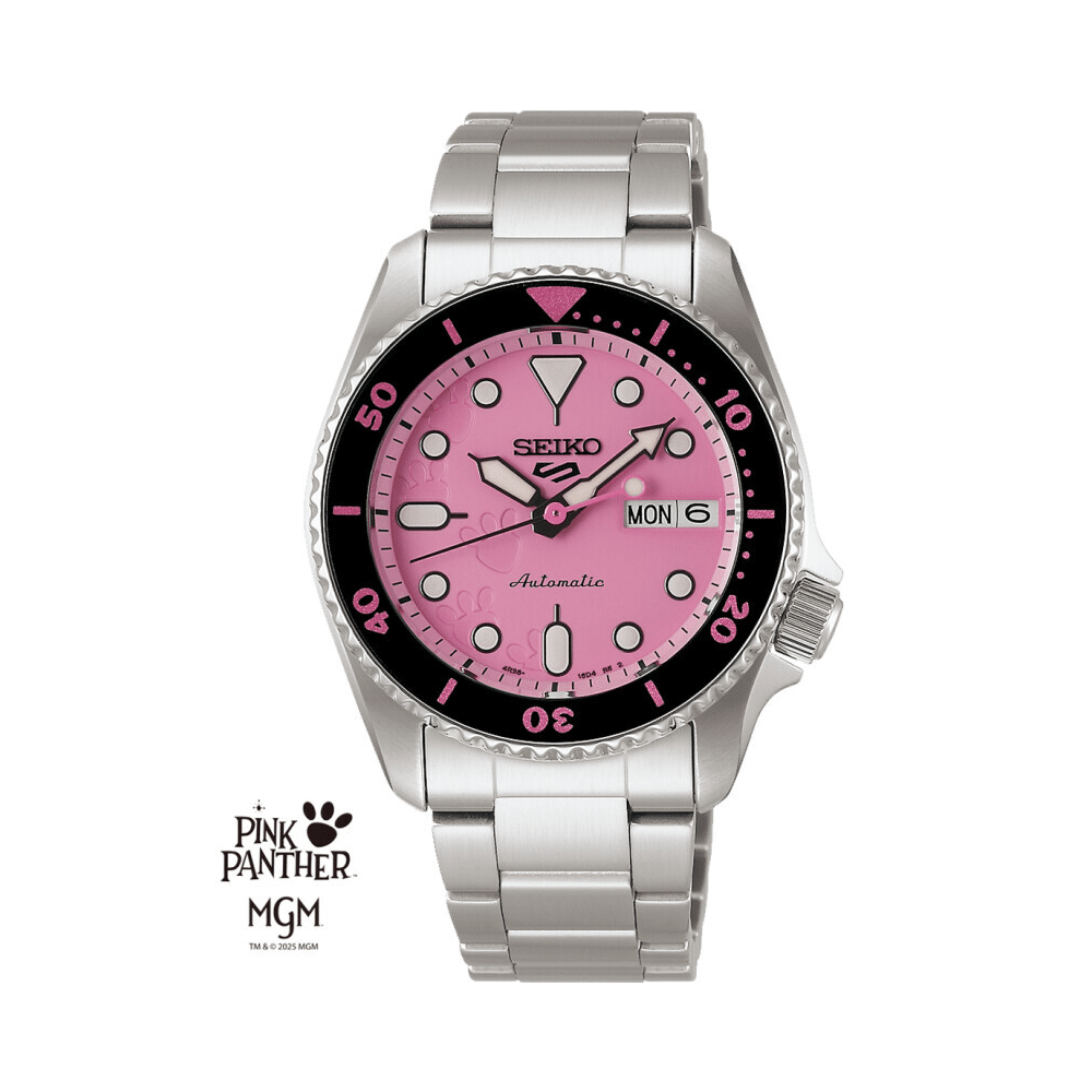 Seiko 5 Sports x Pink Phanter Limited Edition SRPM07K1 - Ikonisk pink design, automatisk urværk og begrænset oplag på 9.999 stk. – dette er nr. 9818/9999.