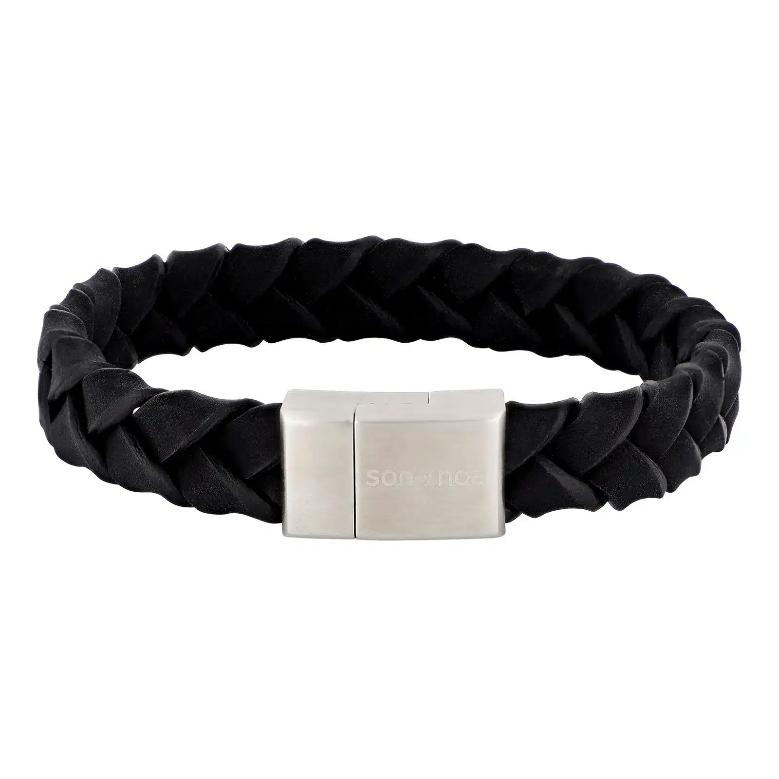 Son of Noa læderarmbånd sort 21 cm i flettet kalveskind. Klassisk armbånd til mænd med stållås. Hurtig levering hos Guldsmed Lange.