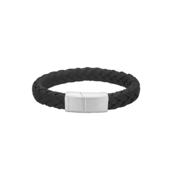 Læderarmbånd fra Son of Noa i flettet sort kalveskind med lås i stål. Klassisk armbånd til daglig brug.