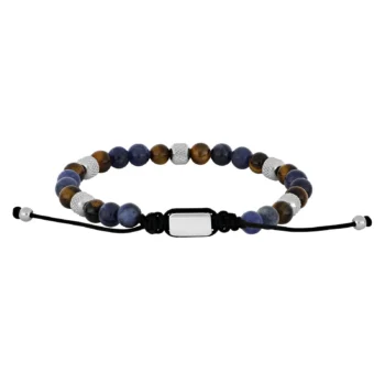 Stenarmbånd fra Son of Noa med sodalit, gul tigerøje og detaljer i stål. Justerbar lukning så armbåndet nemt kan tilpasses håndleddet.