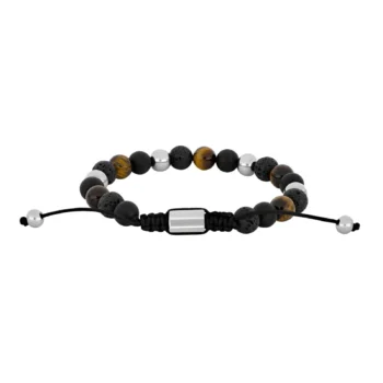 Stenarmbånd fra Son of Noa med sort agat, lavasten og tigerøje. Justerbar lukning der gør armbåndet nemt at tilpasse håndleddet.
