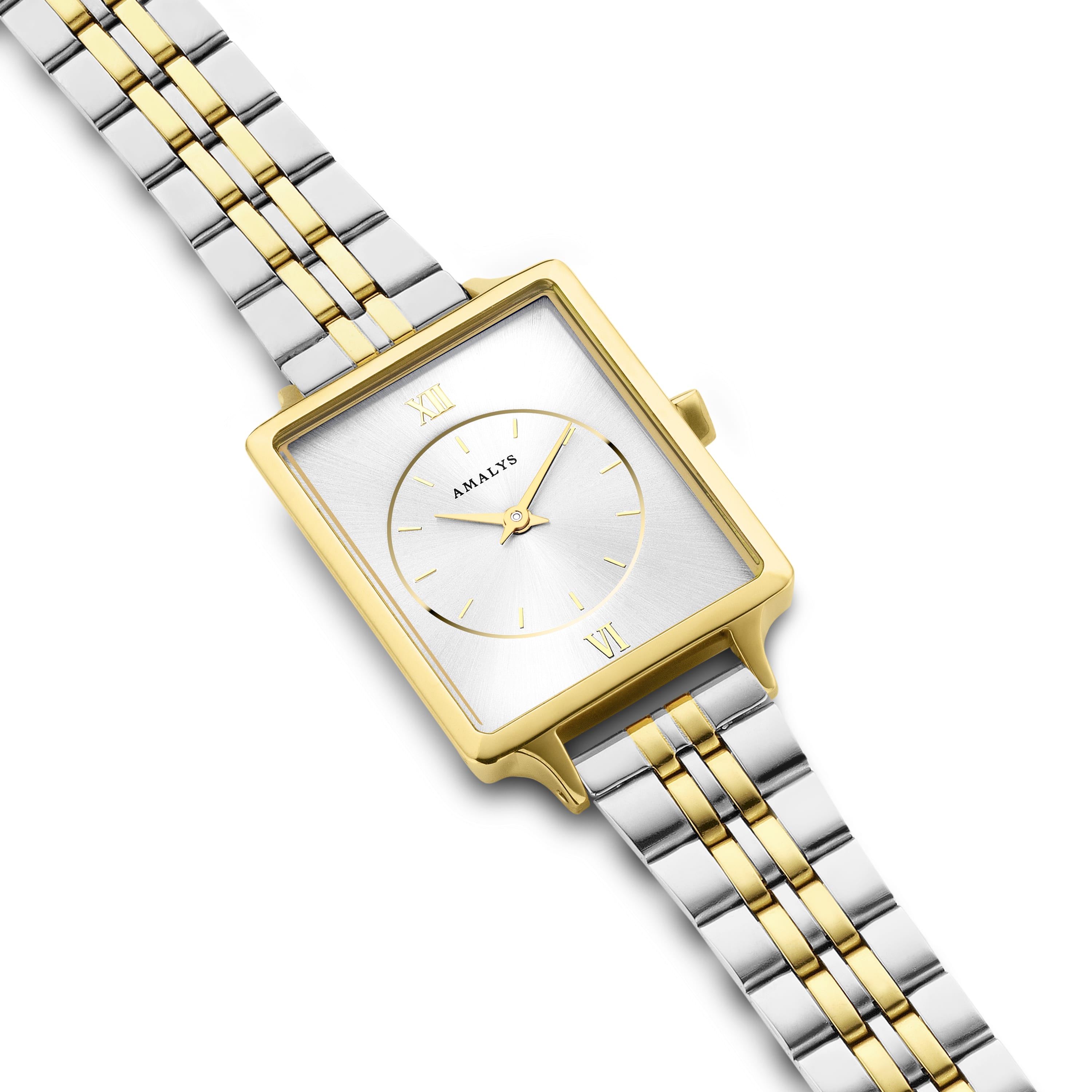 Elegant Amalys Penny dameur med tofarvet stållænke og guldfarvet urkasse. Klassisk design i 23 x 28 mm – perfekt til hverdag og fest