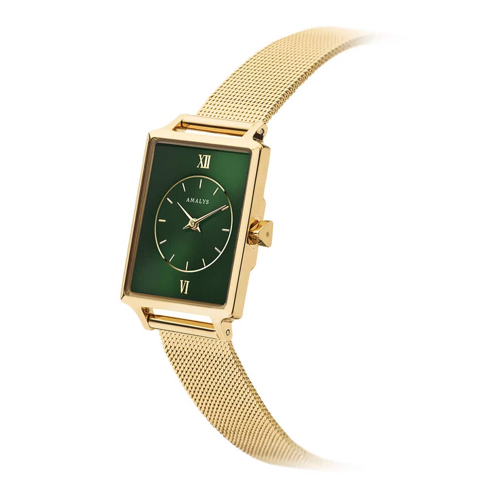 Amalys Colette dameur grøn urskive 23 x 28 mm guldfarvet stållænke AMW-231