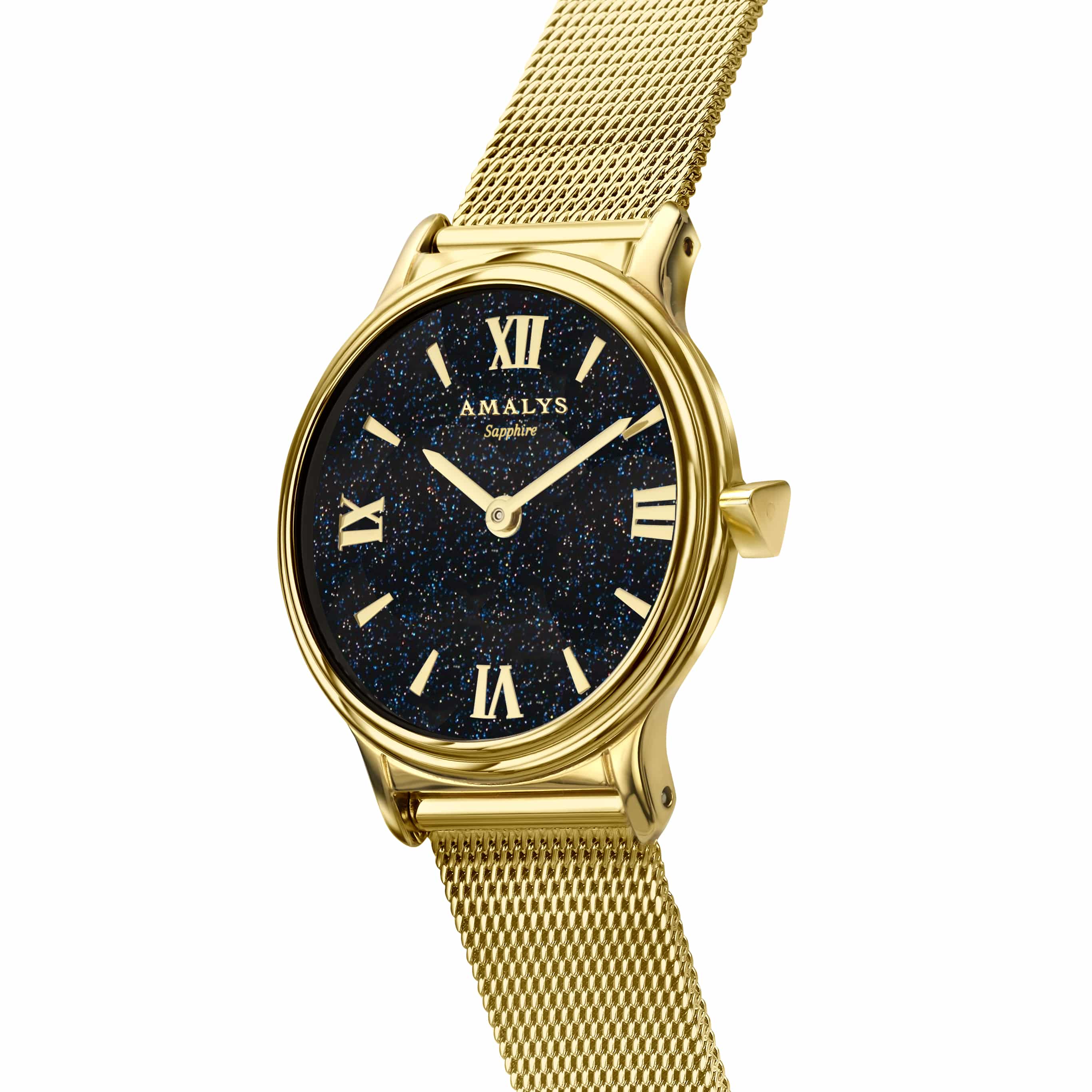 Amalys Astra dameur 28 mm i guldfarvet stål med sort skive. Safirglas og 5 ATM – elegant ur med et moderne udtryk.