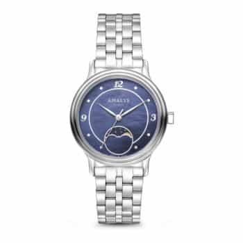 Amalys Luna dameur 32 mm i stål med blå perlemors skive. Safirglas og 5 ATM – elegant og moderne ur.