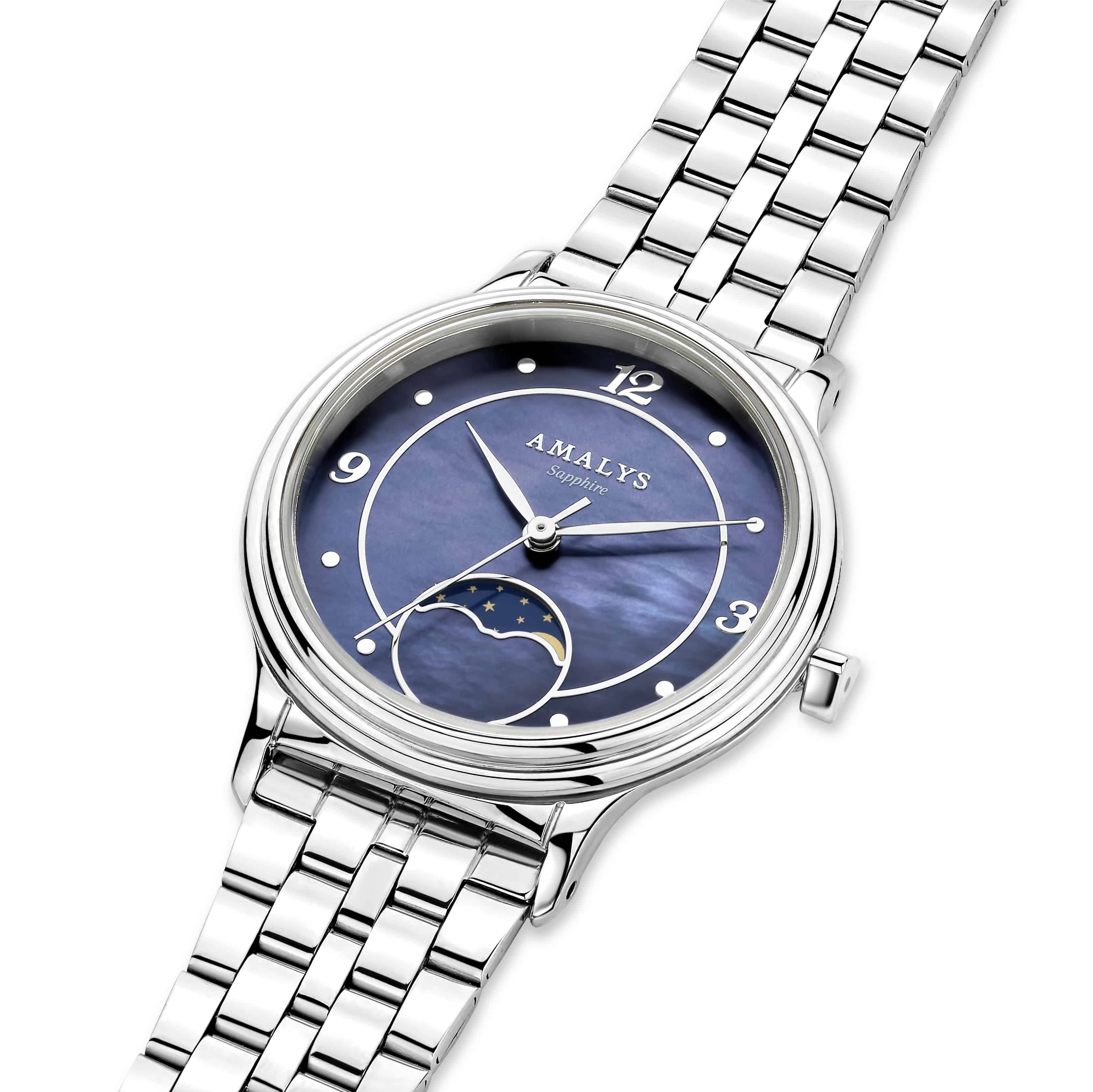 Amalys Luna dameur 32 mm i stål med blå perlemors skive. Safirglas og 5 ATM – elegant og moderne ur.