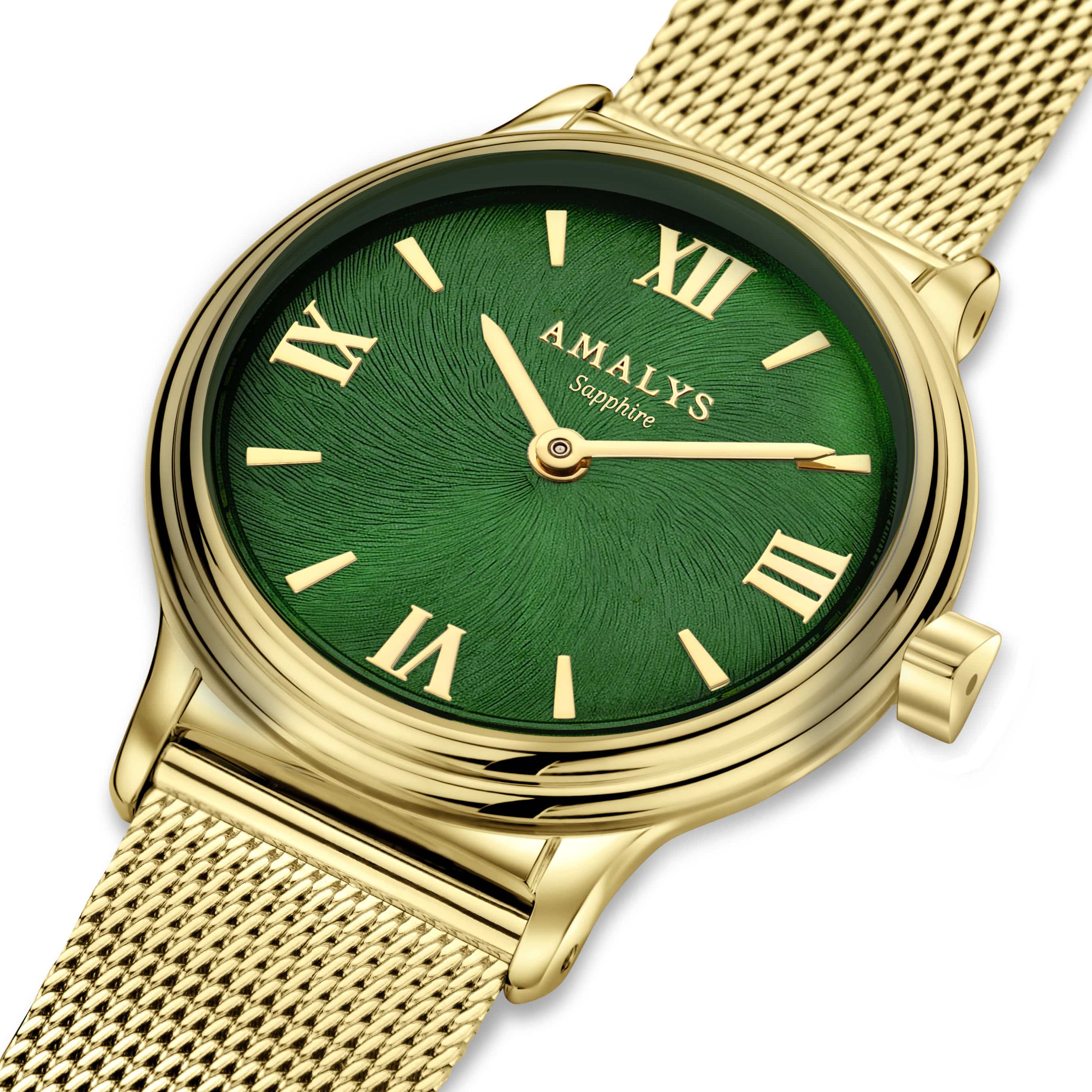 Amalys Yvette dameur 28 mm guldfarvet stål grøn skive AMW-201