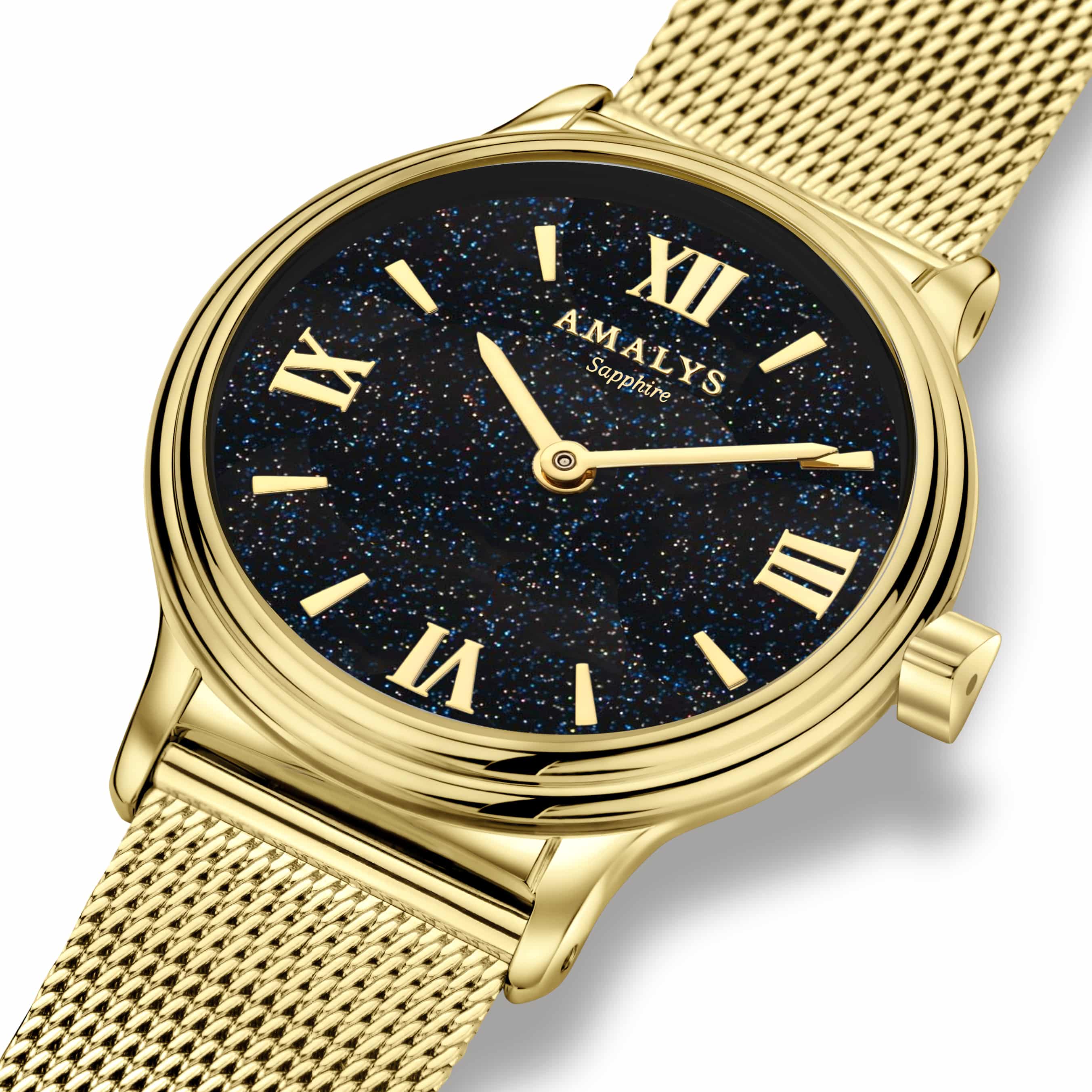 Amalys Astra dameur 28 mm i guldfarvet stål med sort skive. Safirglas og 5 ATM – elegant ur med et moderne udtryk.