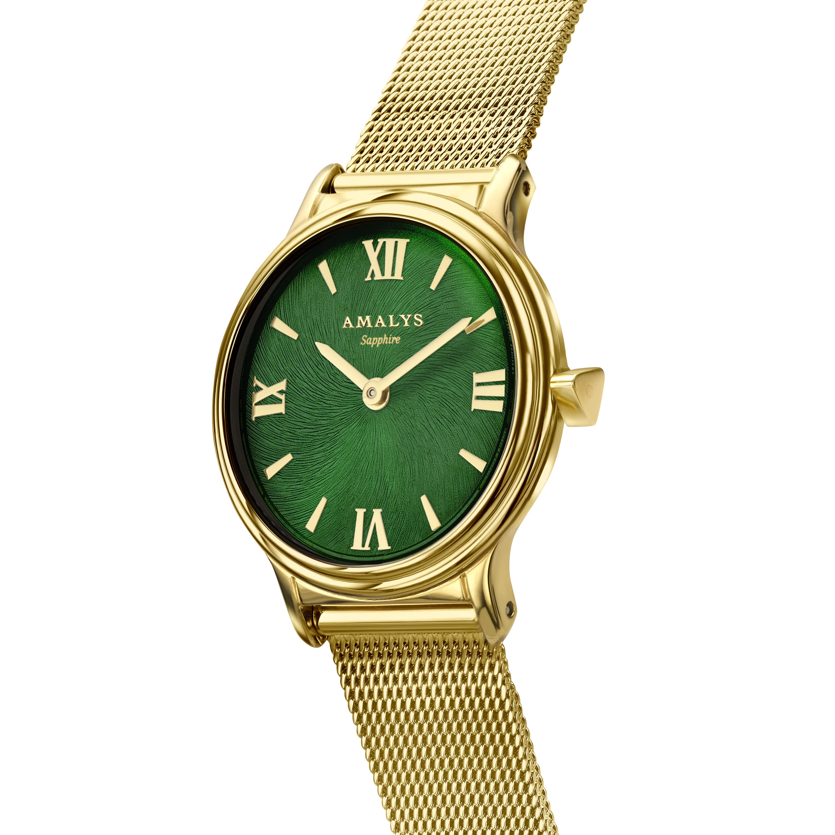 Amalys Yvette dameur 28 mm guldfarvet stål grøn skive AMW-201