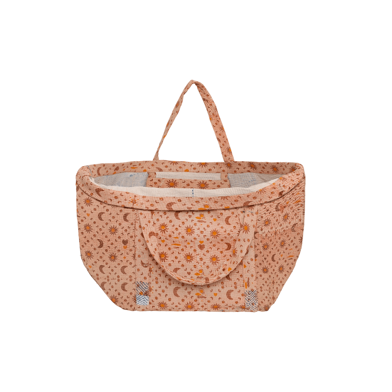 Maanesten Kalinda totebag i Kantha-tekstil med sol, måne og hjerte model 4220.