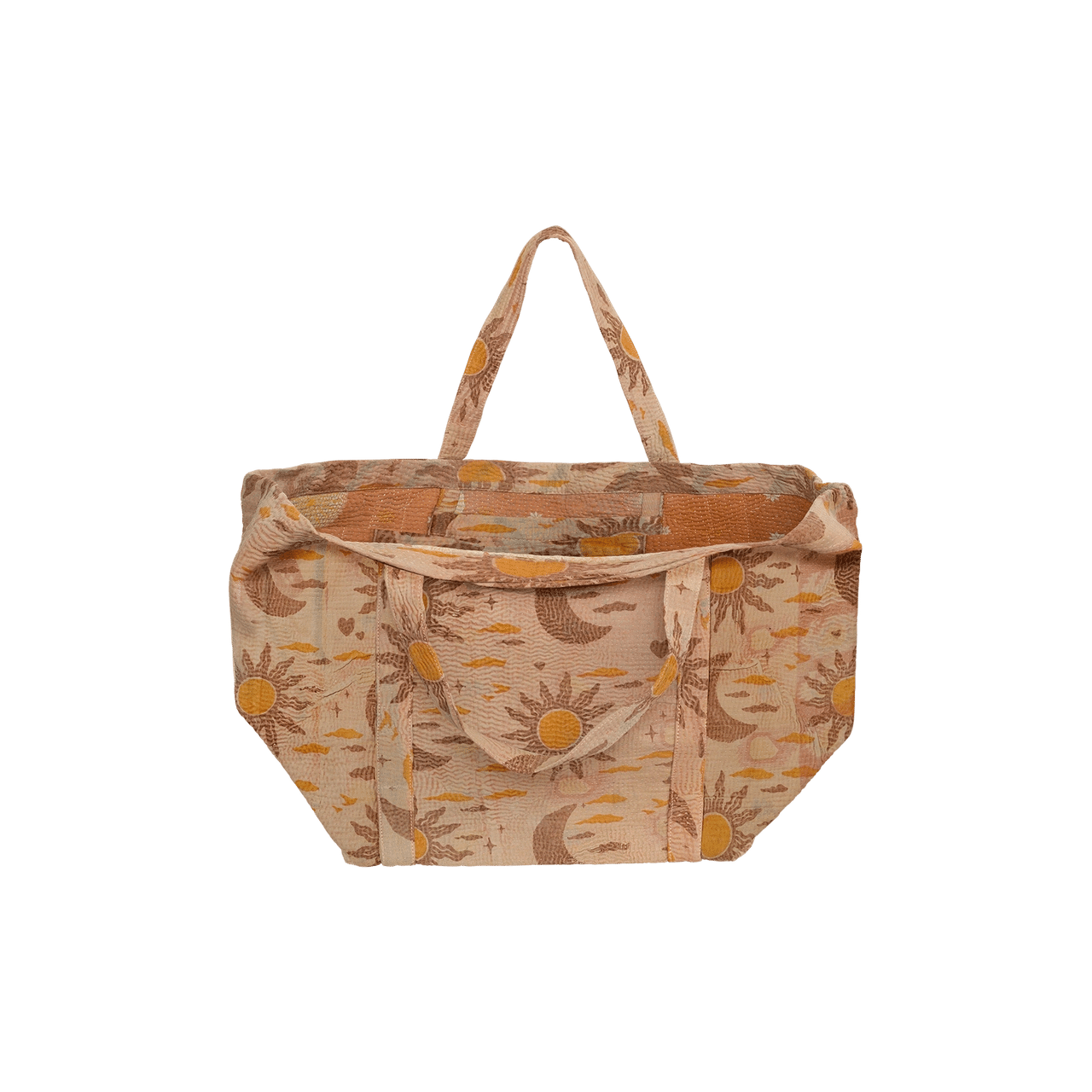 Maanesten Ravi totebag i Kantha-tekstil med farverige sole og måner model 4221.